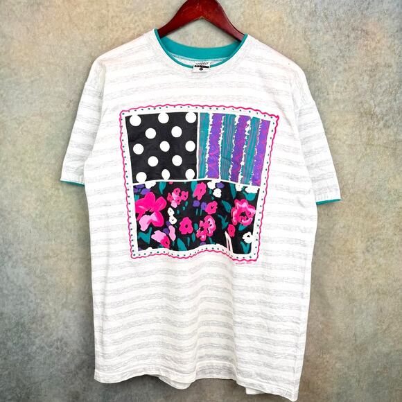 VTG 90s Flower Striped Graphic T Shirt Sz L Gray Multicolor Retro Nature - Picture 1 of 8